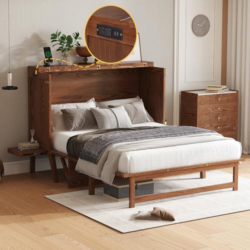 Full Size Cabinet Murphy Bed with USB Port and Removable Shelves on Each Side, Solid Pine Wood Murphy Cabinet Bed for Home Office Guest Room, Walnut