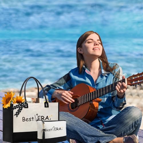 BeeGreen Mother's Day Gifts Personalized Women's Large White and Black Canvas Tote Bag, Embroidered Initials, Leather Handle, Zipper Closure