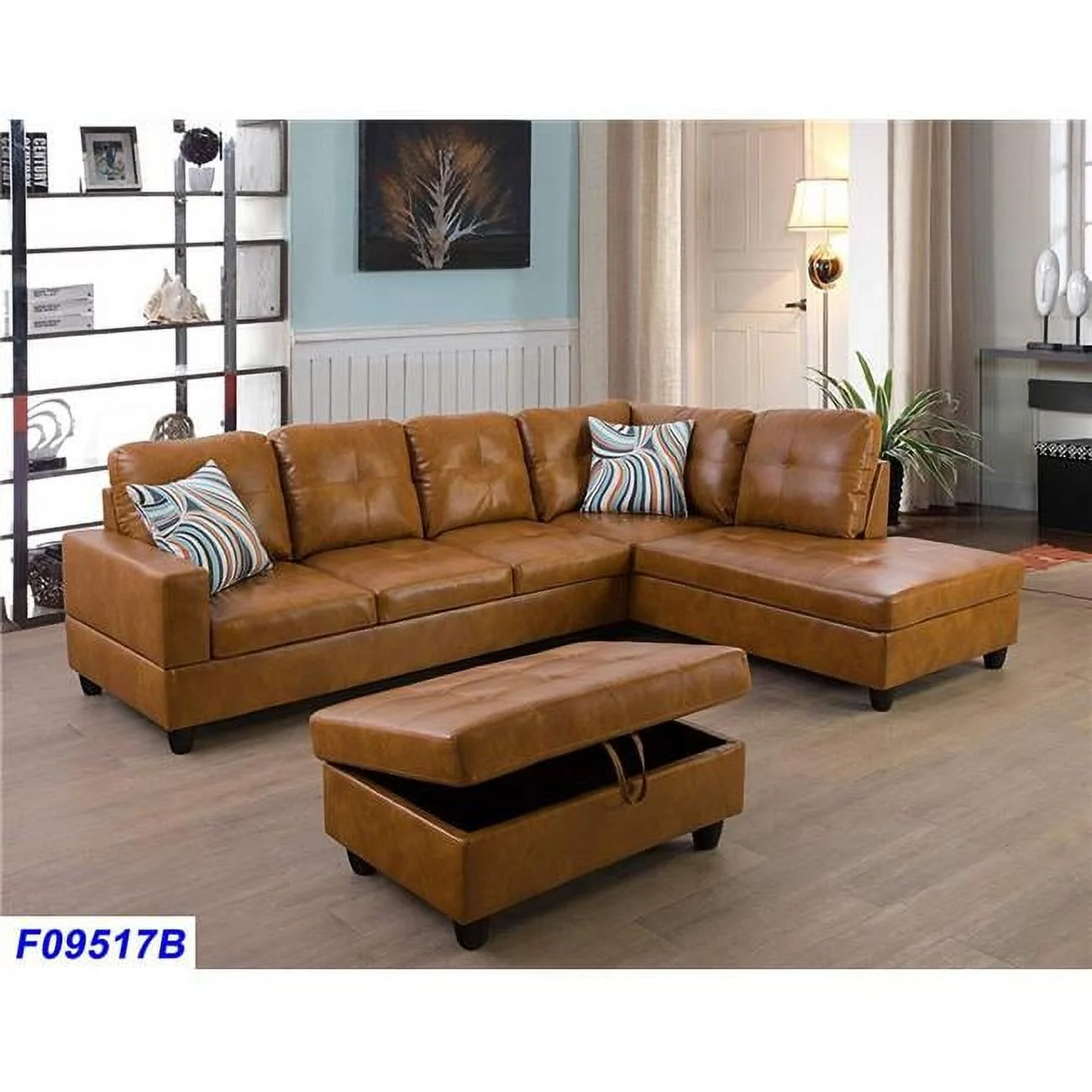 Lifestyle Furniture LSF09517B 3 Piece Right Facing Sectional Sofa Set with Ottoman, Faux Leather - Ginger