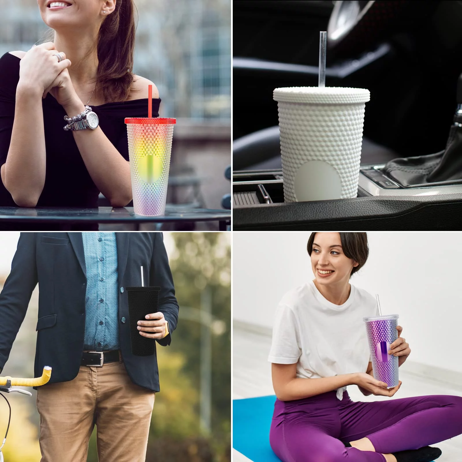 IMMEKEY Studded Tumbler with Straw, Double Walled Iridescent Travel Tumbler/Straw Cup BPA Free, 24oz Capacity (Clear Red)