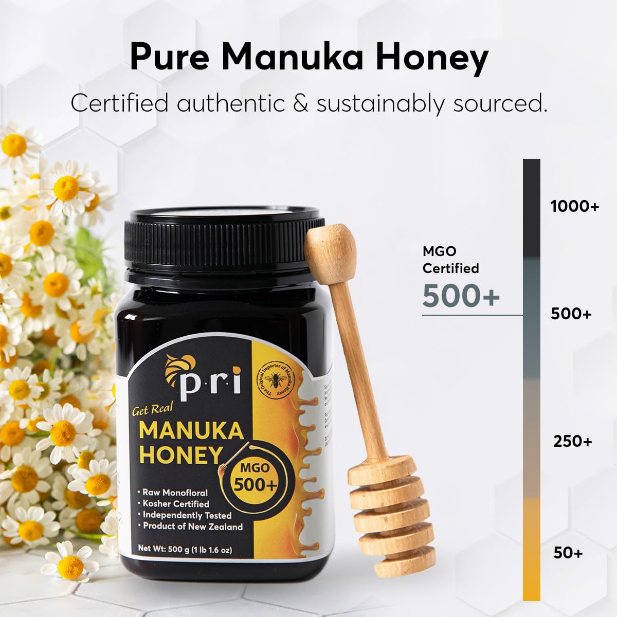 PRI Manuka Honey, MGO 500+, 1.1LB New Zealand Raw Monofloral Manuka Honey (500g)
