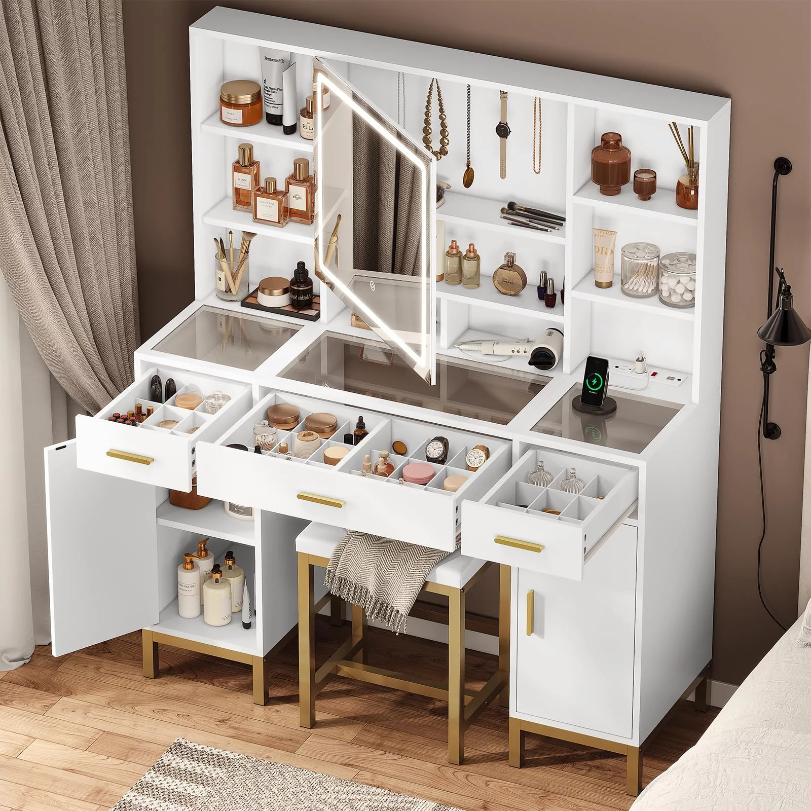 Afuhokles Vanity Set with Lighted Mirror and Charging Station, Vanity Desk Makeup Vanity with Big Glass Desktop,Compartment Storage,Hidden and Open Storage Shelf, White