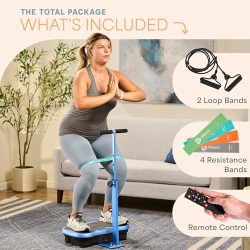 Lifepro TrimLite Vibration Plate Exercise Machine with Handlebars – Whole Body Vibration Machine, Ideal Lymphatic Drainage Massager – 99 Speed Levels, Bluetooth Speaker, Resistance Bands & Remote