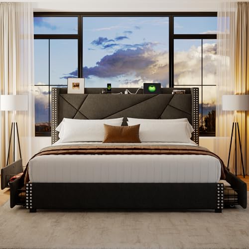 Upholstered Queen Bed Frame with 4 Storage Drawers, Platform Bed Frame with Charging Station, Modern Geometric Wingback Headboard, No Box Spring Needed, Easy Assembly, Light Grey