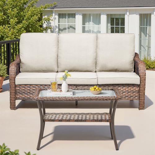 Outdoor Patio Furniture Set-5 Pieces All-Weather Wicker Outdoor Furniture with High Back Outdoor Swivel Rocking Chairs Outdoor Patio Conversation Sets for Garden Porch Deck Brown/Blue
