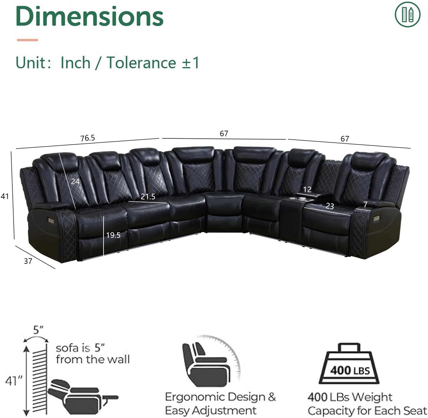 Black Leather Power Reclining Sectional Sofa，Sectional Couch with Recliner Living Room Set with LED Light/Read Light/Storage Console/USB Port/Wireless Charge/Home Theater Seat