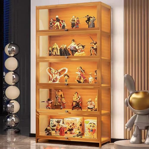 68” Curio Display Cabinet, 5 Tier Storage Cabinet with Acrylic Glass Door, Collectibles Toy Organizers Rack & Display Shelf, Kids Bookcase for Living Room, Toddler's Room, Bamboo (Wooden flip door)