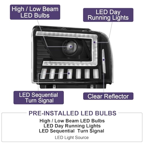 500% Brighter LED Projector Sequential LED DRL Headlight Assembly Fit for 2005-2007 2005 2006 2007 05 06 07 F250 F350 F450 F550 Super Duty/2005 Ford Excursion (Black Housing Clear Reflector)