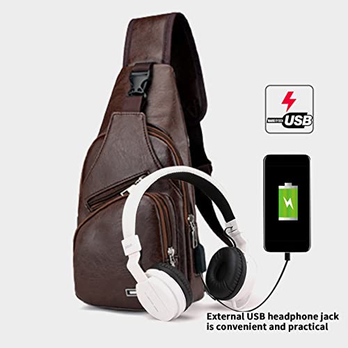 Crossbody Sling Bag,Men Women Waterproof Leather Sling Backpack Bag USB Charging,Small Chest Bag with Earphone Hole