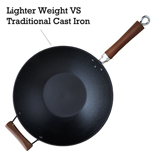 IMUSA USA Light Cast Iron Wok with Wood Handles 14-Inch, Black
