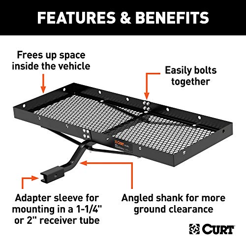 CURT 18110 48 x 20-Inch Tray Hitch Cargo Carrier, 300 lbs Capacity, 1-1/4, 2-In Adapter Shank, CARBIDE BLACK POWDER COAT