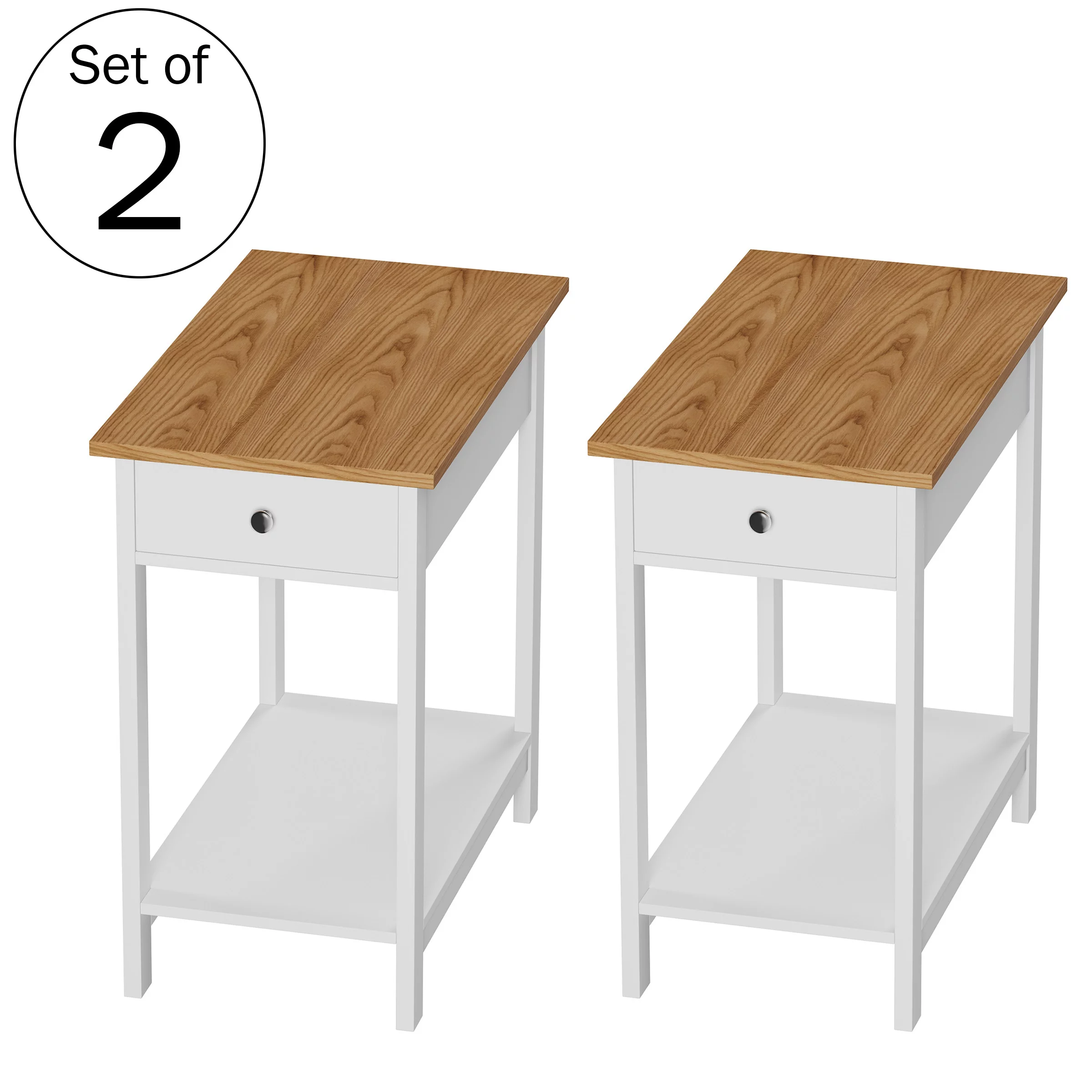 Lavish Home 2-Toned Slim End Table with Drawer and Storage Shelf, White and Oak, Set of 2