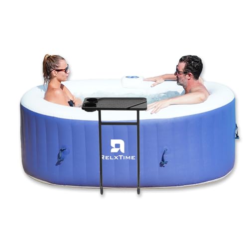 Oval Inflatable Hot Tub 2 Person, 100 Air Jets Portable Spa with Built-in Heater, Outdoor Blow Up Hottub for Relaxation, Drink Tray, 2 Filters, Blue