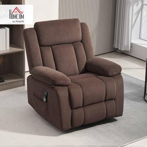 HOMCOM Recliner Chair with Vibration Massage and Heat, Oversized Swivel Rocker Single Sofa with Footrest, Remote and Side Pockets, Velvet Fabric Manual Reclining Chair for Living Room, Brown