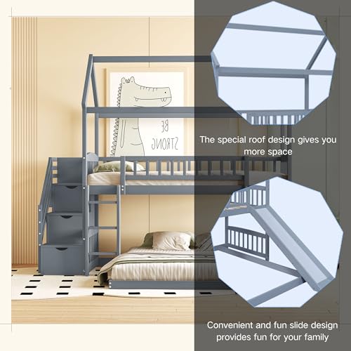 Twin Over Full House Bunk Bed with Stairs and Slide, Modern Bunk Bed Frame with Full-Length & Guard Rail, No Box Spring Needed, Gray