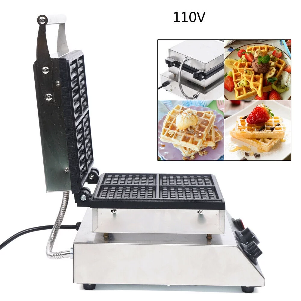 Loyalheartdy 1750W 4Pcs Nonstick Electric Waffle Maker Commercial Square Silver Stainless Steel Waffle Making Machine 50~300℃