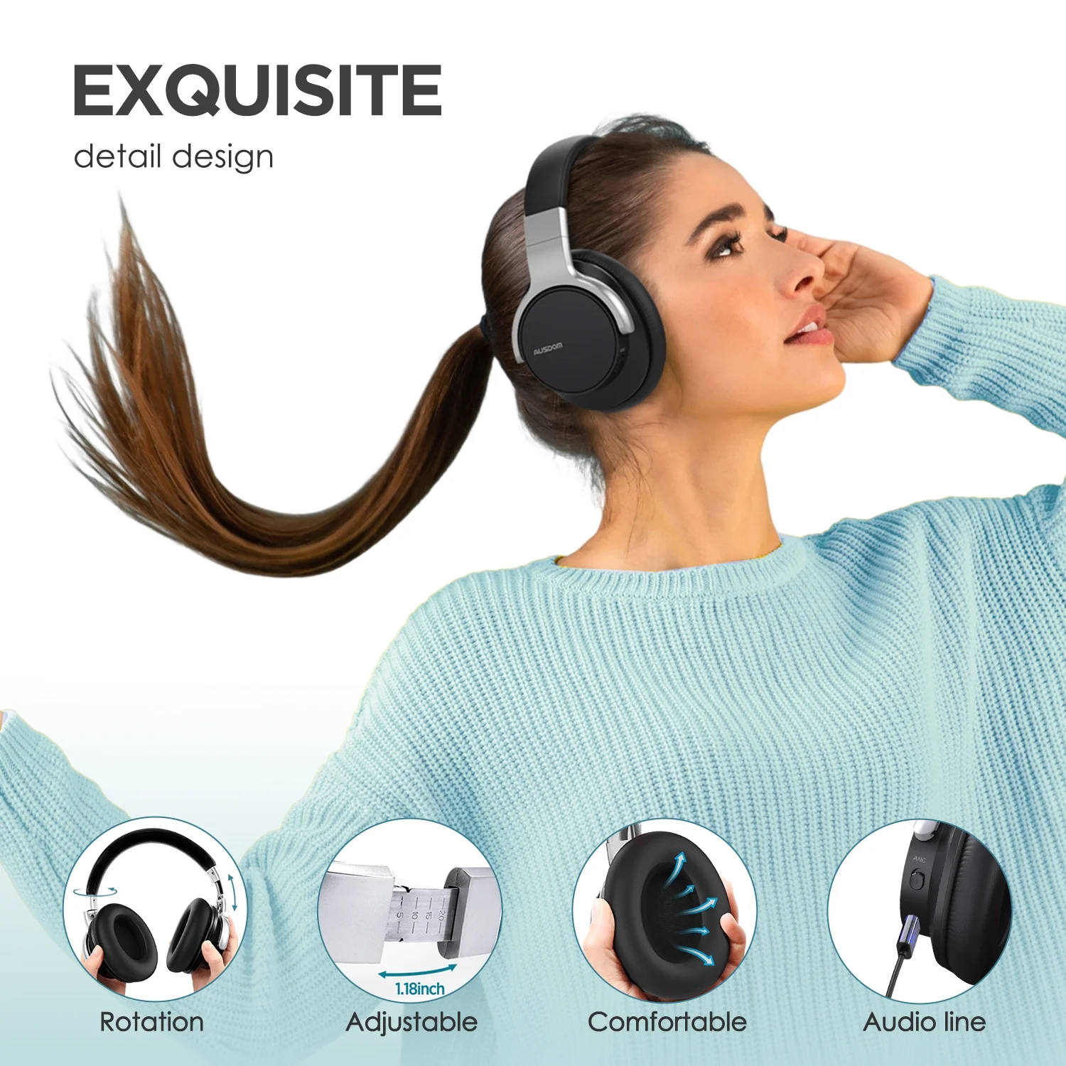 AUSDOM E7 Active Noise Cancelling Headphones,Wireless over Ear Bluetooth 5.0 Headsets with Mic,Black