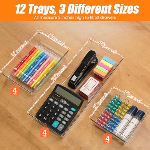 Criusia 6 Pcs Large Size Clear Drawer Organizer Set, Acrylic Non Slip Non Cracking Kitchen Drawer Storage Tray Divider, Multifunctional Storage for Cosmetics, Bathroom, Tools, Kitchen and Office