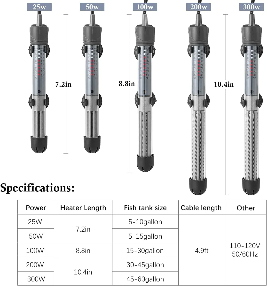 HITOP 25W 50W 100W 200W 300W Adjustable Aquarium Heater, Submersible Fish Tank Heater Thermostat with Suction Cups (100W-grey)