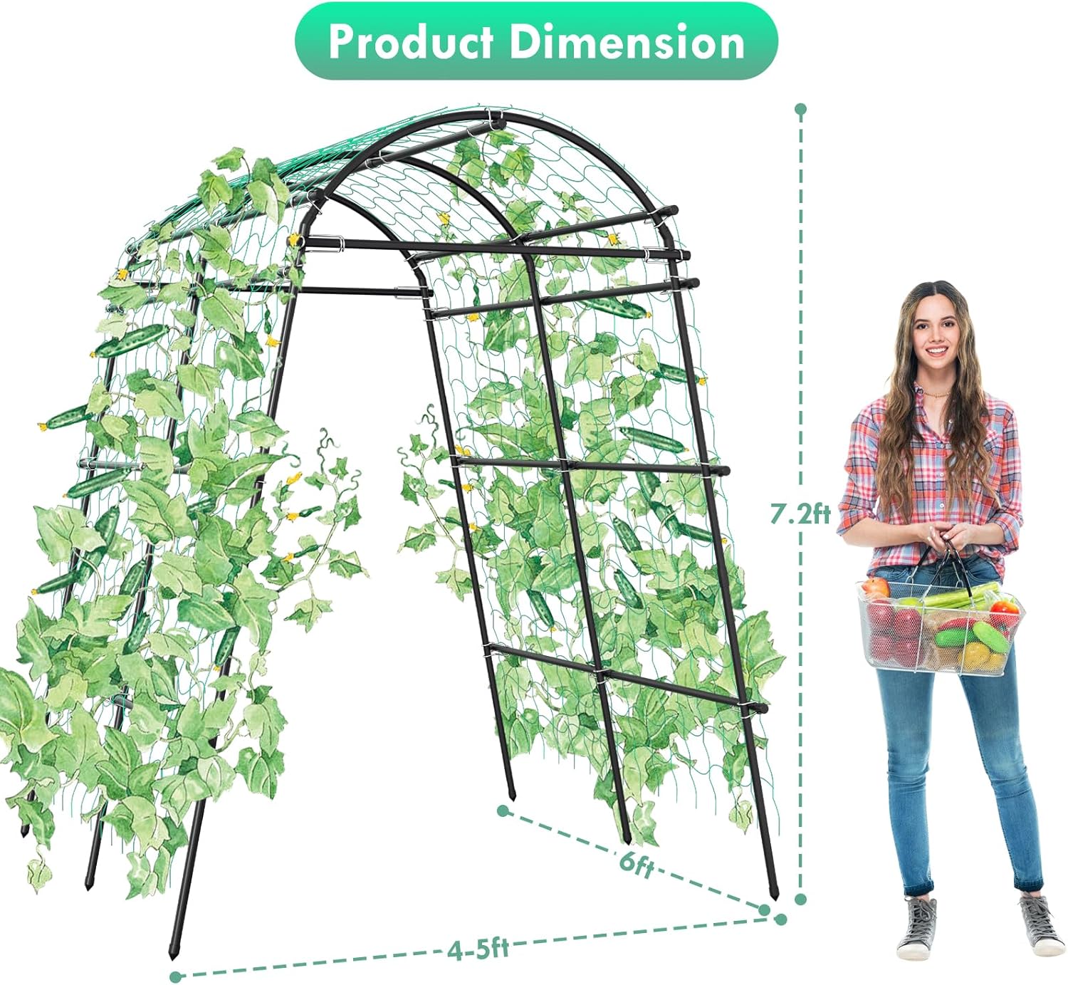 Garden Arch Trellis for Climbing Plants Outdoor - Extra 7 Ft Tall Arch Tunnel Arbor, Metal Gardening Trellis Archway with Mounting Clips and Nylon Net for Vegetables, Fruits, Flowers Yard Lawn