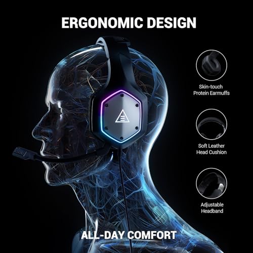 EKSA E1000 Gaming Headset, Computer Headphones with Noise Canceling Mic & RGB Light, 7.1 Surround Sound, Compatible with PC, PS4 PS5 Console, Laptop (Blue)