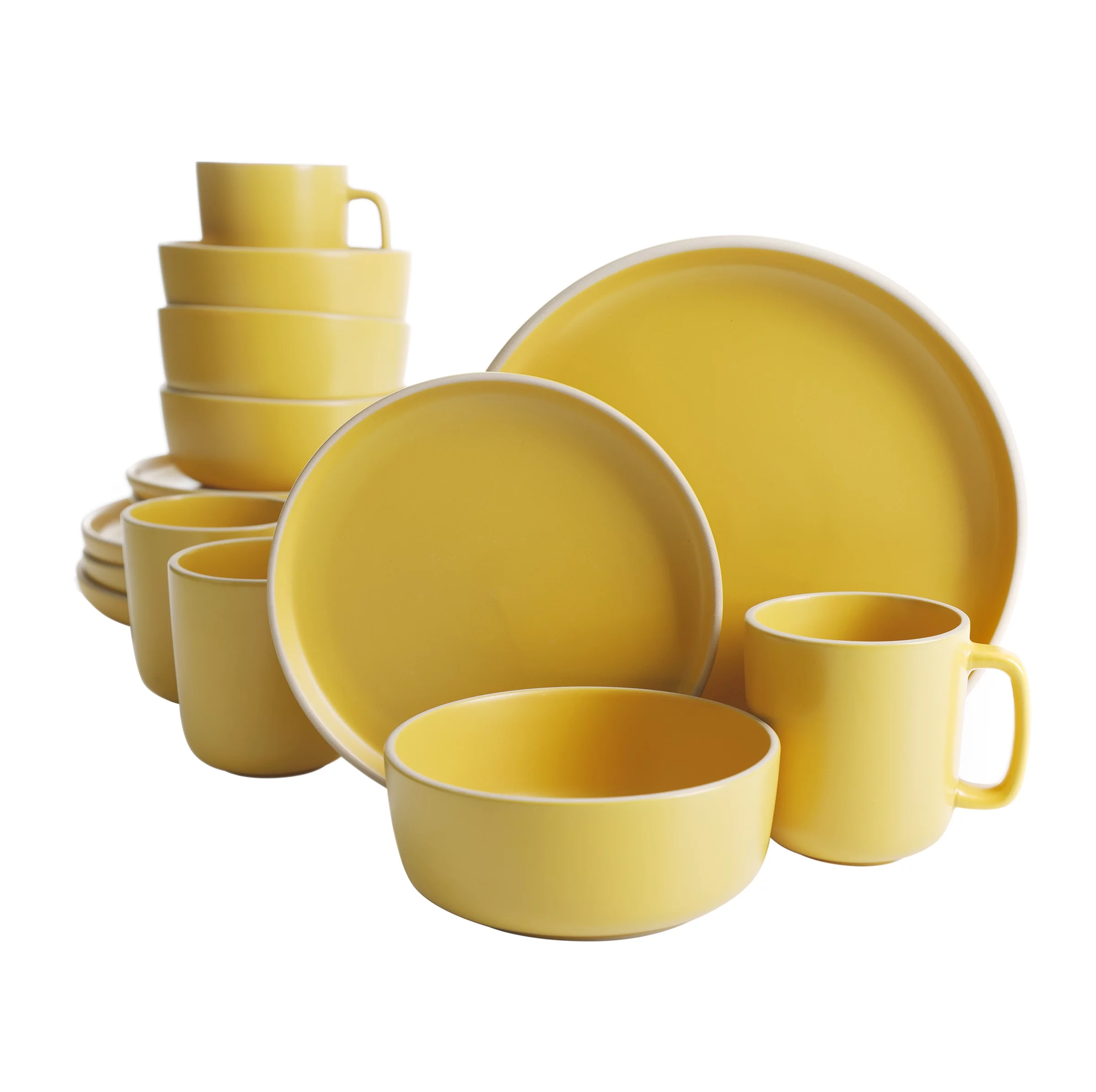 Gibson Home Zuma 16 Piece Round Kitchen Dinnerware Set, Dishes, Plates, Bowls, Mugs, Service for 4, Matte Stoneware, Yellow