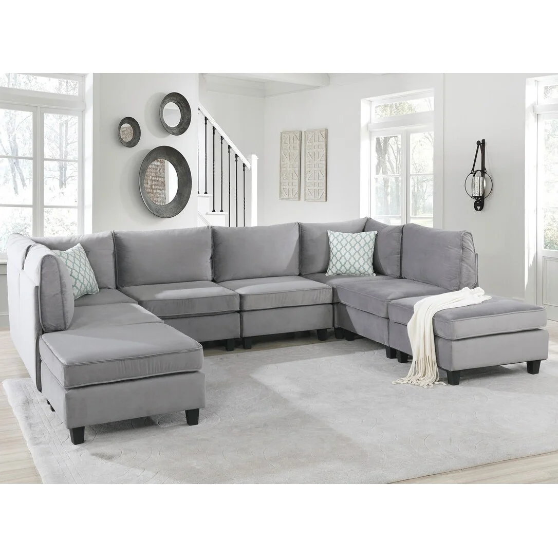 BESTCOSTY Gray Velvet 8Pc Modular Sectional Sofa