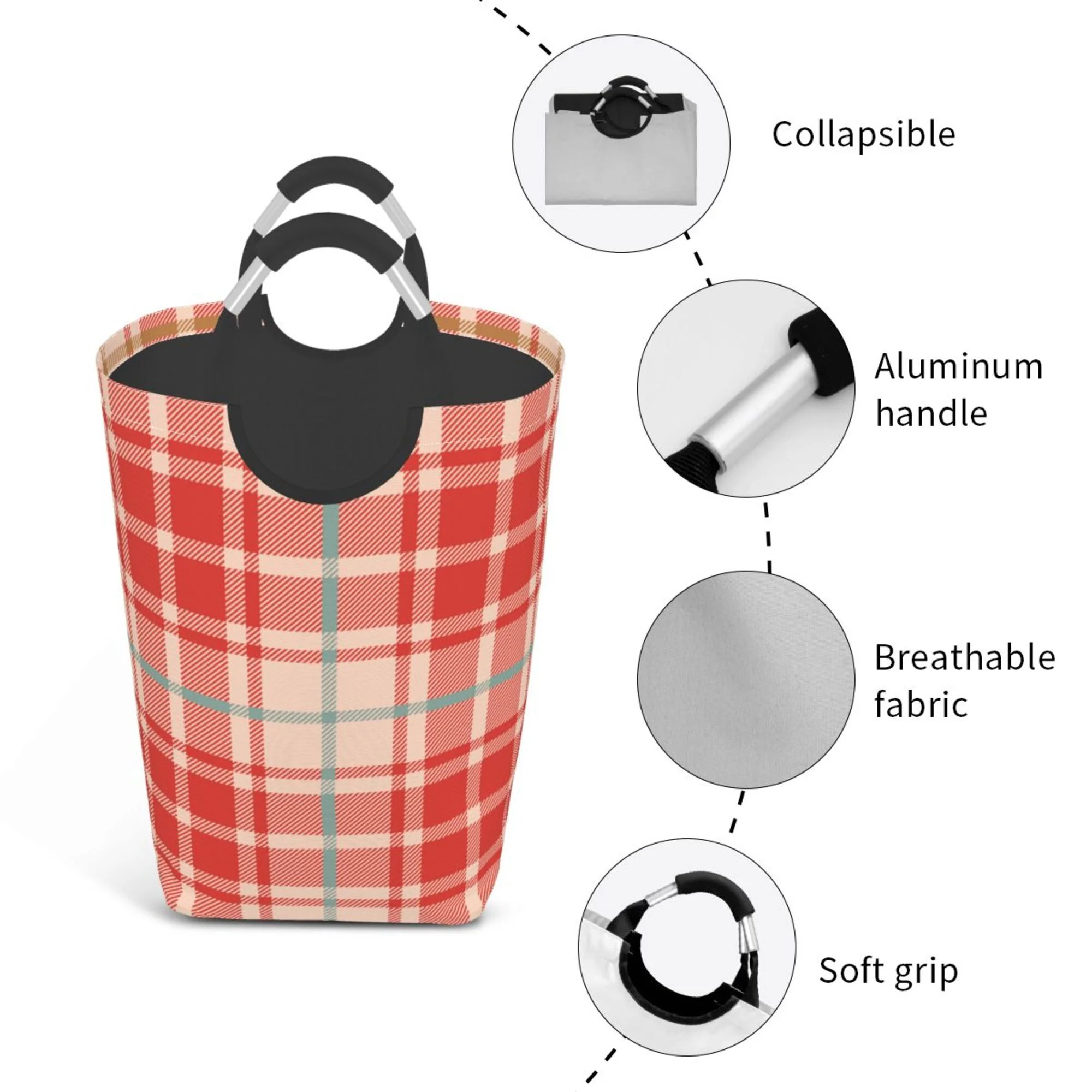 TEQUAN 50L Large Rectangular Laundry Hamper with Aluminum Handles, Beige Red Checkered Plaid Prints Waterproof Foldable Dirty Clothes Basket