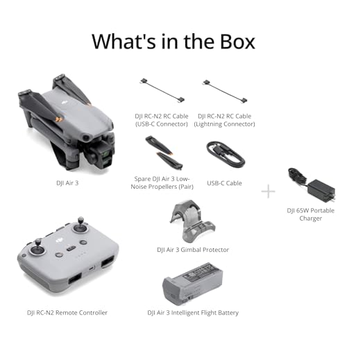 DJI Air 3 (DJI RC-N2), Drone with Medium Tele & Wide-Angle Dual Primary Cameras, 46-Min Max Flight Time, Omnidirectional Obstacle Sensing, 48MP Photos, 4K/60fps HDR, Compliance with FAA Remote ID