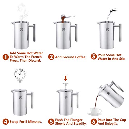 French Press Coffee Maker – Single Serve 1 Cup Small Stainless Steel Thermal Double Walled French Press 350ML/12OZ