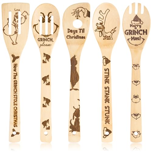 Christmas Monster Bamboo Spoons - 5 Christmas Themed Funny Kitchen Utensils Decor for Cooking&Serving Set, Cooking Engraved Patterns are Suitable for Kitchen, Great Xmas Housewarming Gifts
