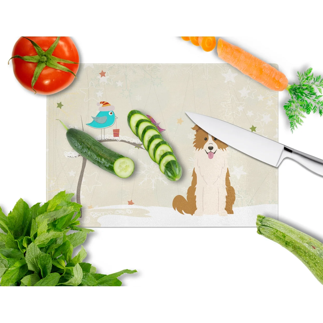 Caroline's Treasures Christmas Presents between Friends Border Collie Red White Glass Cutting Board Large
