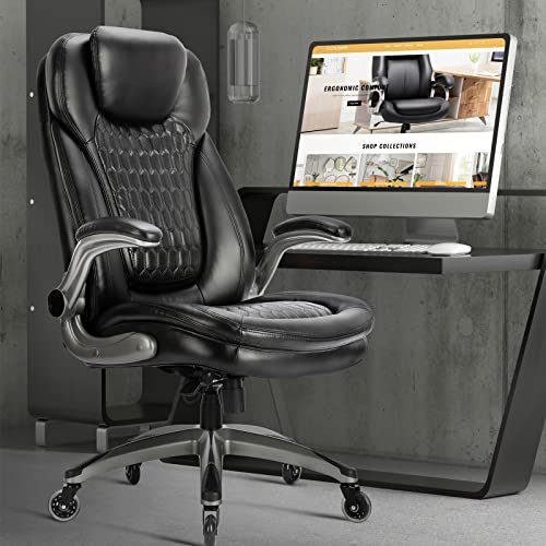 Executive Office Chair-Ergonomic Computer Desk Chair, High Back Leather Chair with Padded Flip-up Arms, Swivel Home Office Chair Upgraded Caster-Black