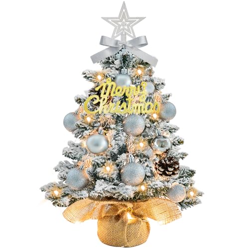 Tabletop Christmas Tree with Lights 22 Inch Mini Artificial White Christmas Tree with 30 LED String Lights, Star Tree, Tabletop Small Xmas Tree for Holiday Indoor DIY Christmas Decor