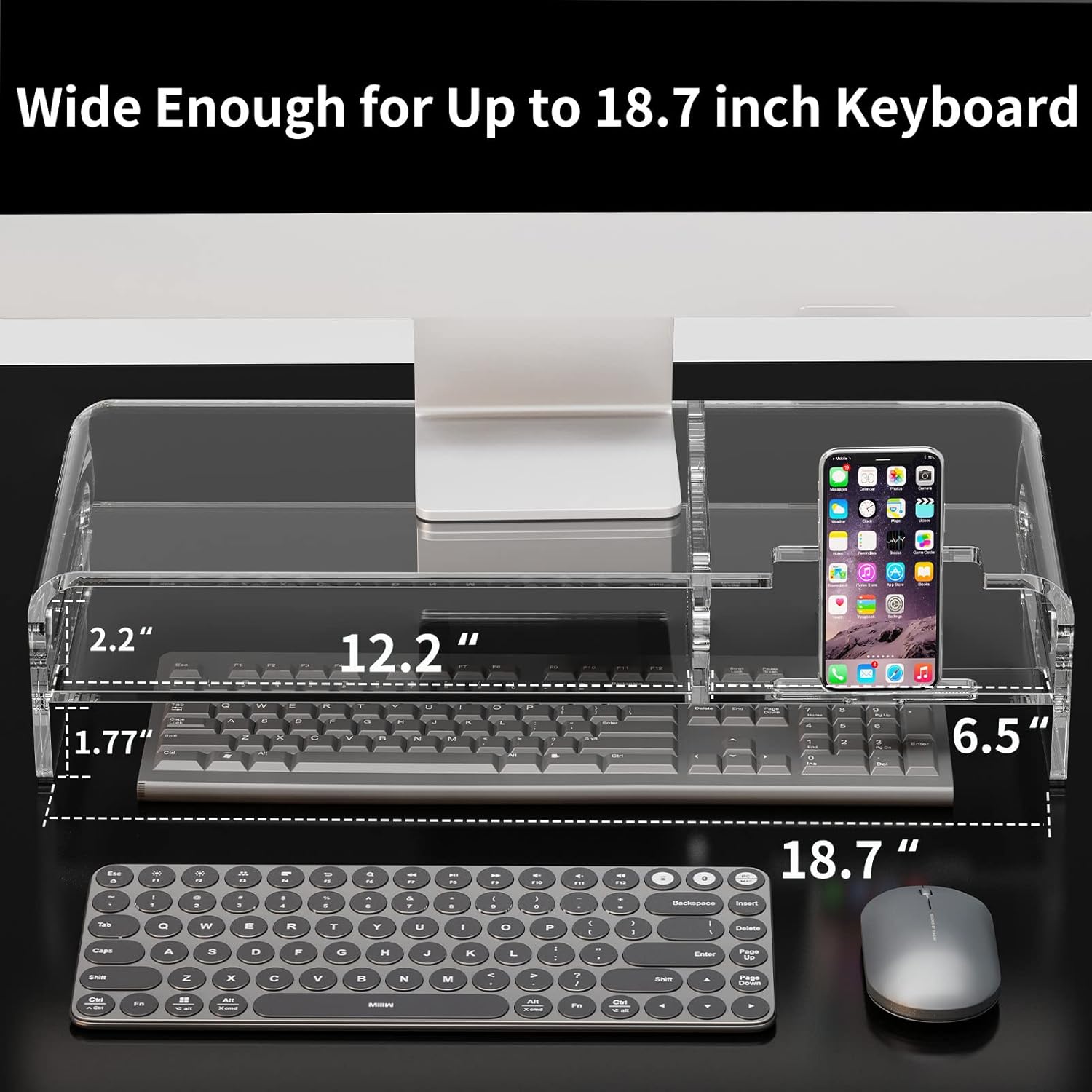 Zimilar 20-inch Large Acrylic Monitor Stand Riser, 2-tier Clear Monitor Riser, Acrylic Laptop Stand for Desk with Keyboard Storage and Built-in Phone Holder