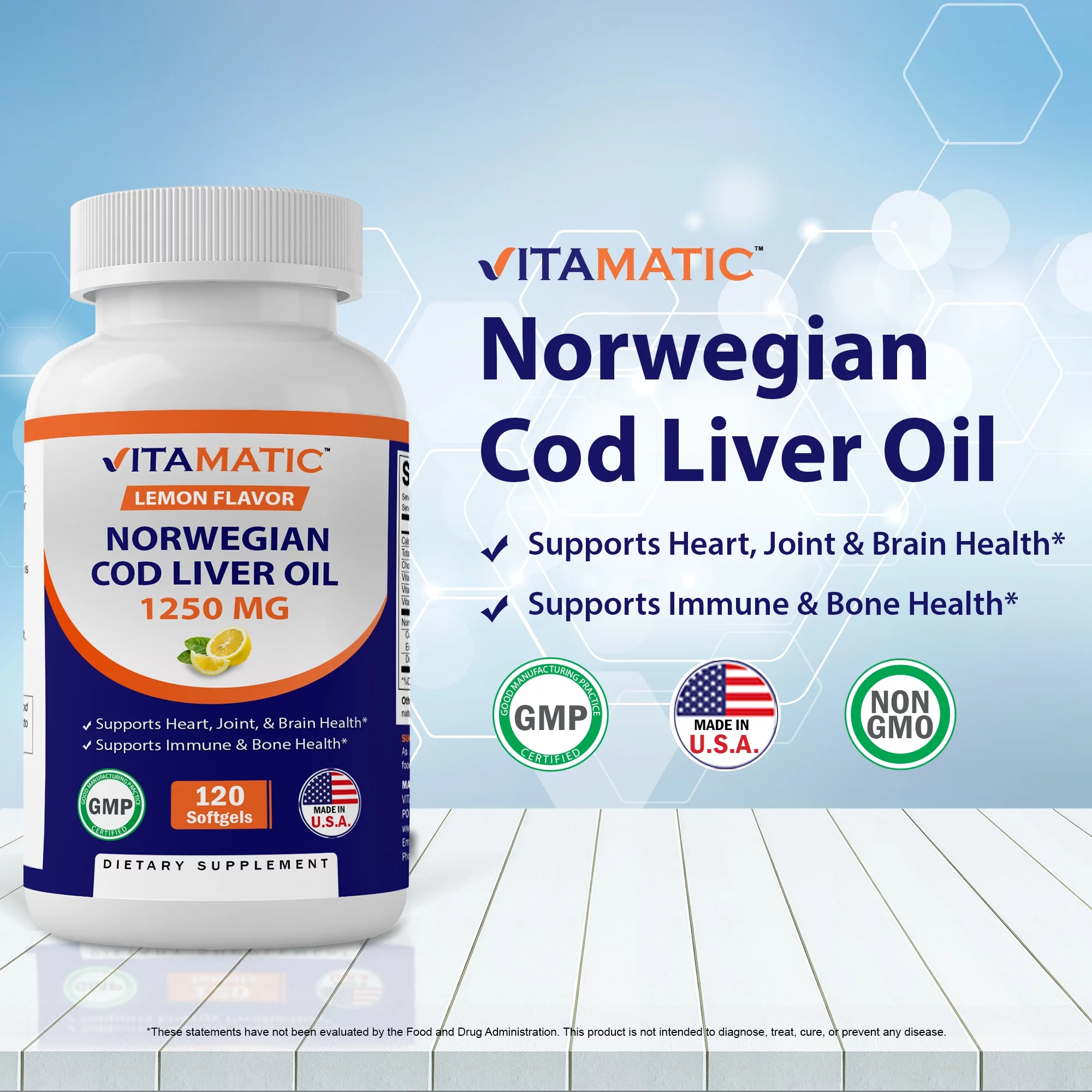 2 Pack - Vitamatic Norwegian Cod Liver Oil 1250mg 120 Softgels (Lemon Flavor) - Promotes Cardiovascular Health total 240 Softgels