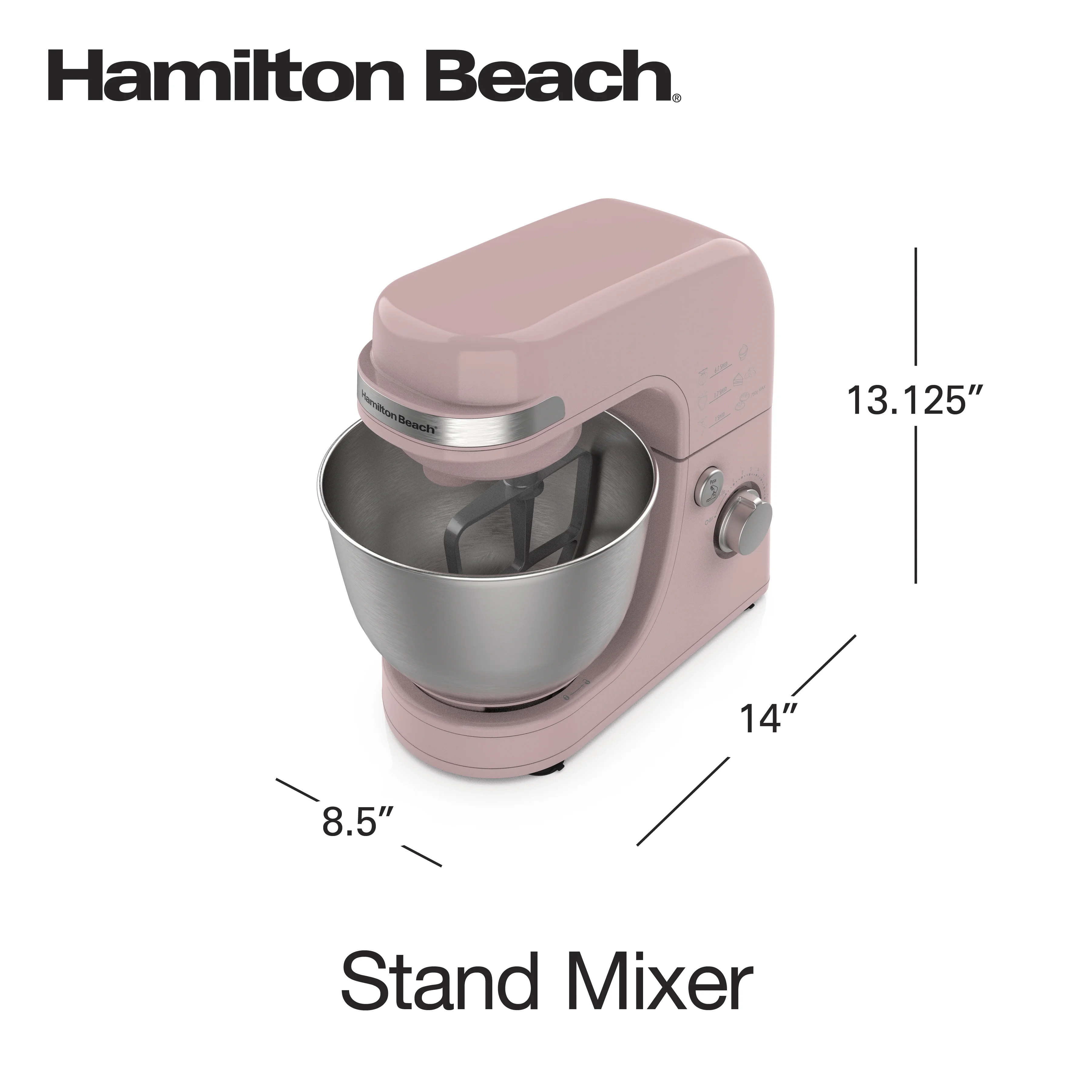 Hamilton Beach Electric Stand Mixer, 4 Quart Stainless Bowl, 7 Speeds, Tilt-Head, Dough Hook, Whisk and Flat Beater, Splash Guard, 300 Watts, Rose, 63386