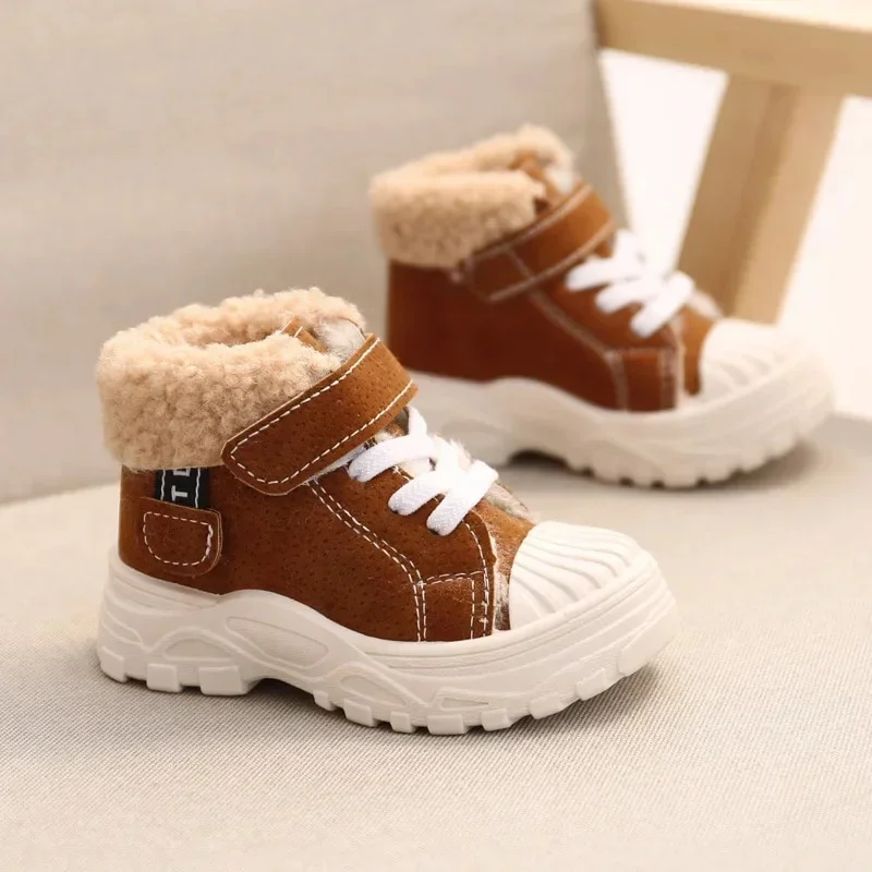 2021 Children Warm Boots Winter New Boys Plus Thicken Velvet Cotton Shoes Girls Waterproof Short Boots Baby Cotton Boots 553brown 27(insole 16cm)