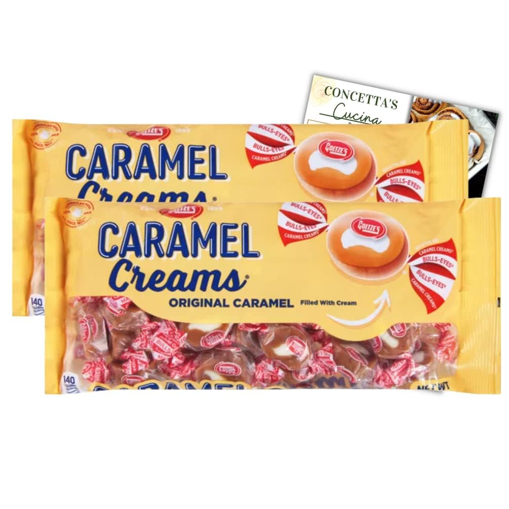 Goetzes Original Caramel Creams Original Old Fashion Candy, Two 12 oz. Bags, Two Pack with Recipe Card, Goetzes Caramel Cremes, Nostalgic Individually Wrapped Caramel Creams with Creamy Center; Deliciously Packaged
