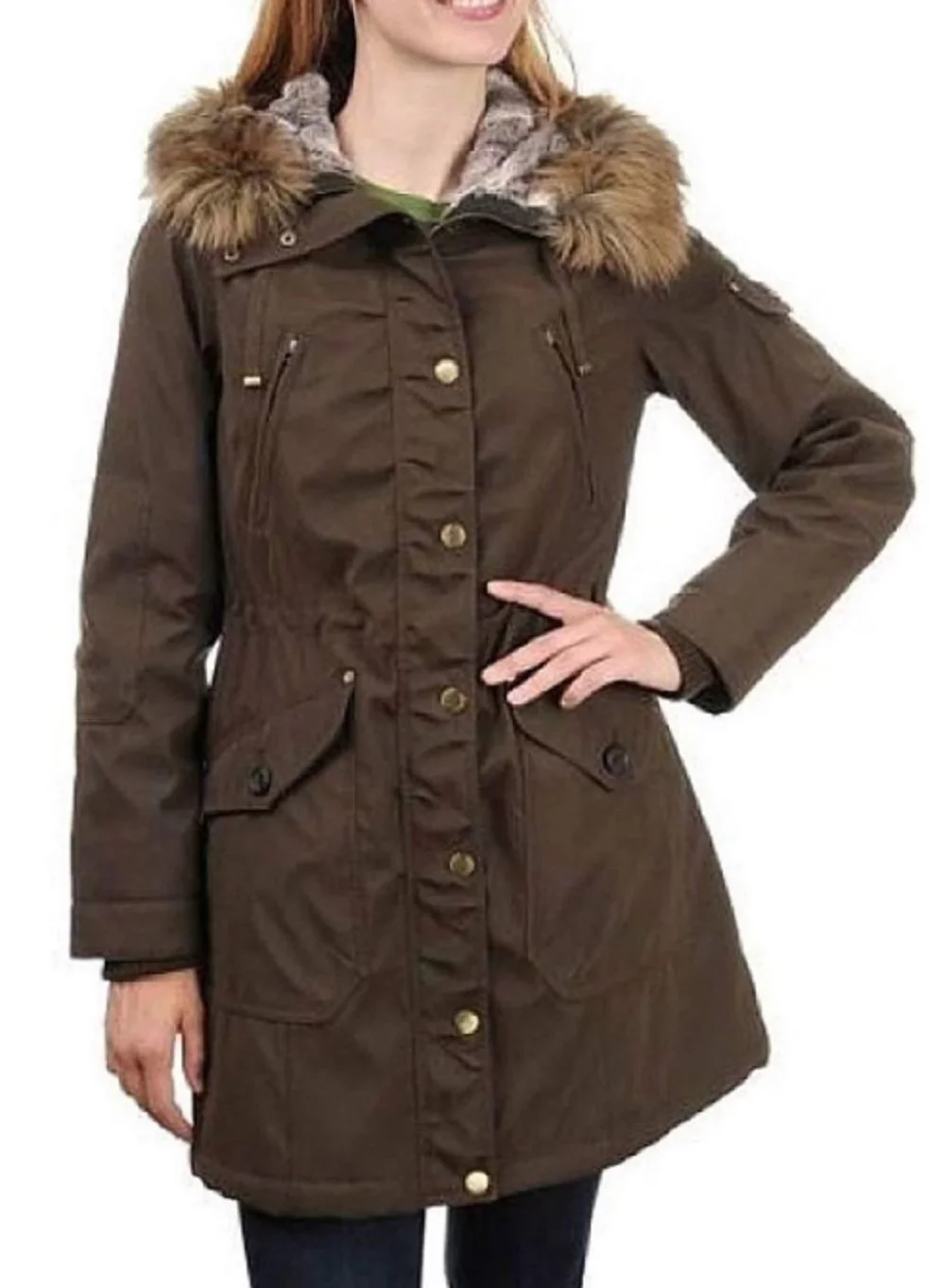 1 Madison Expedition Women's Faux Fur Hooded Parka Jacket - Dark Olive (large)