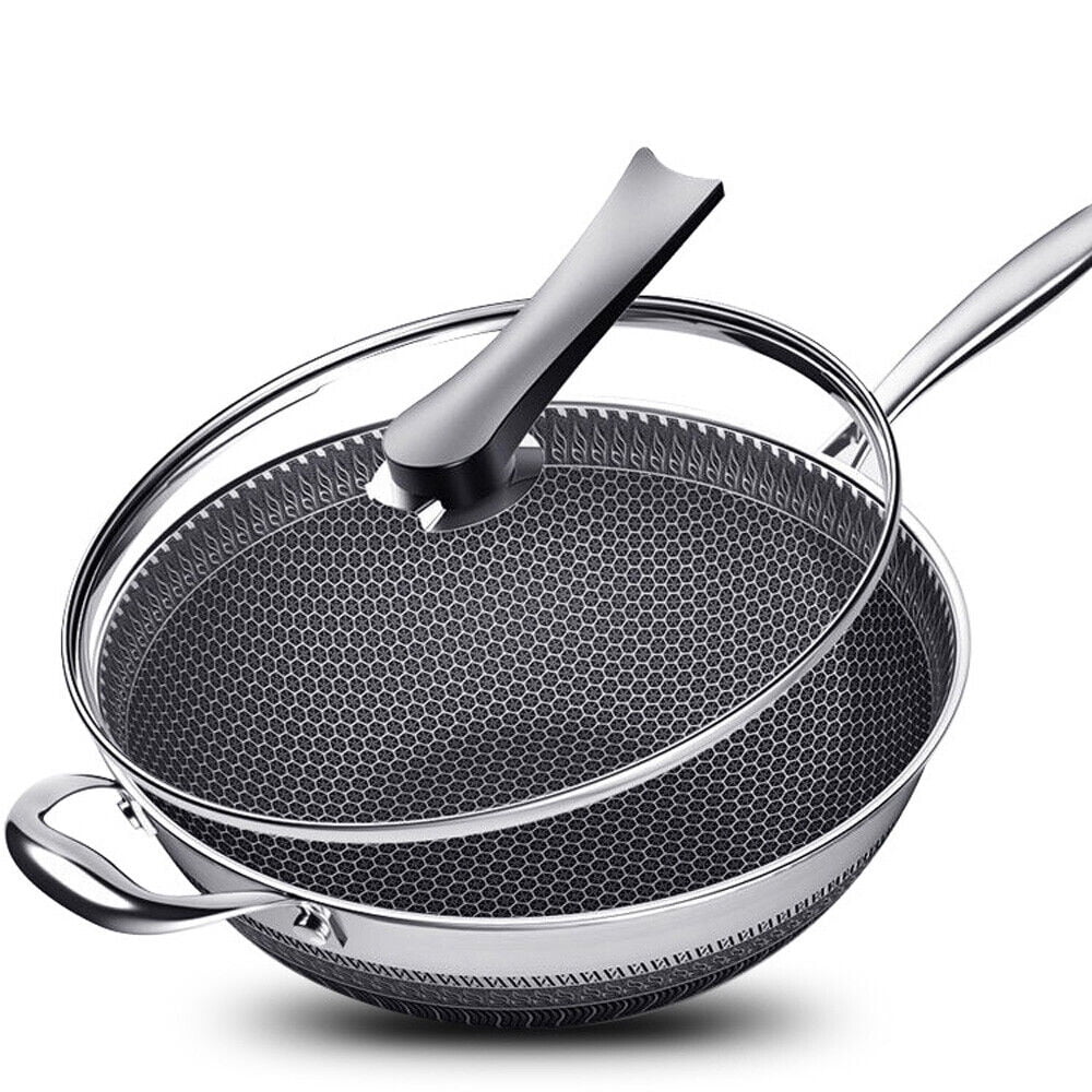 Non Stick Double Sided Honeycomb Cooking Frying Wok Pan with Lid Stainless Steel