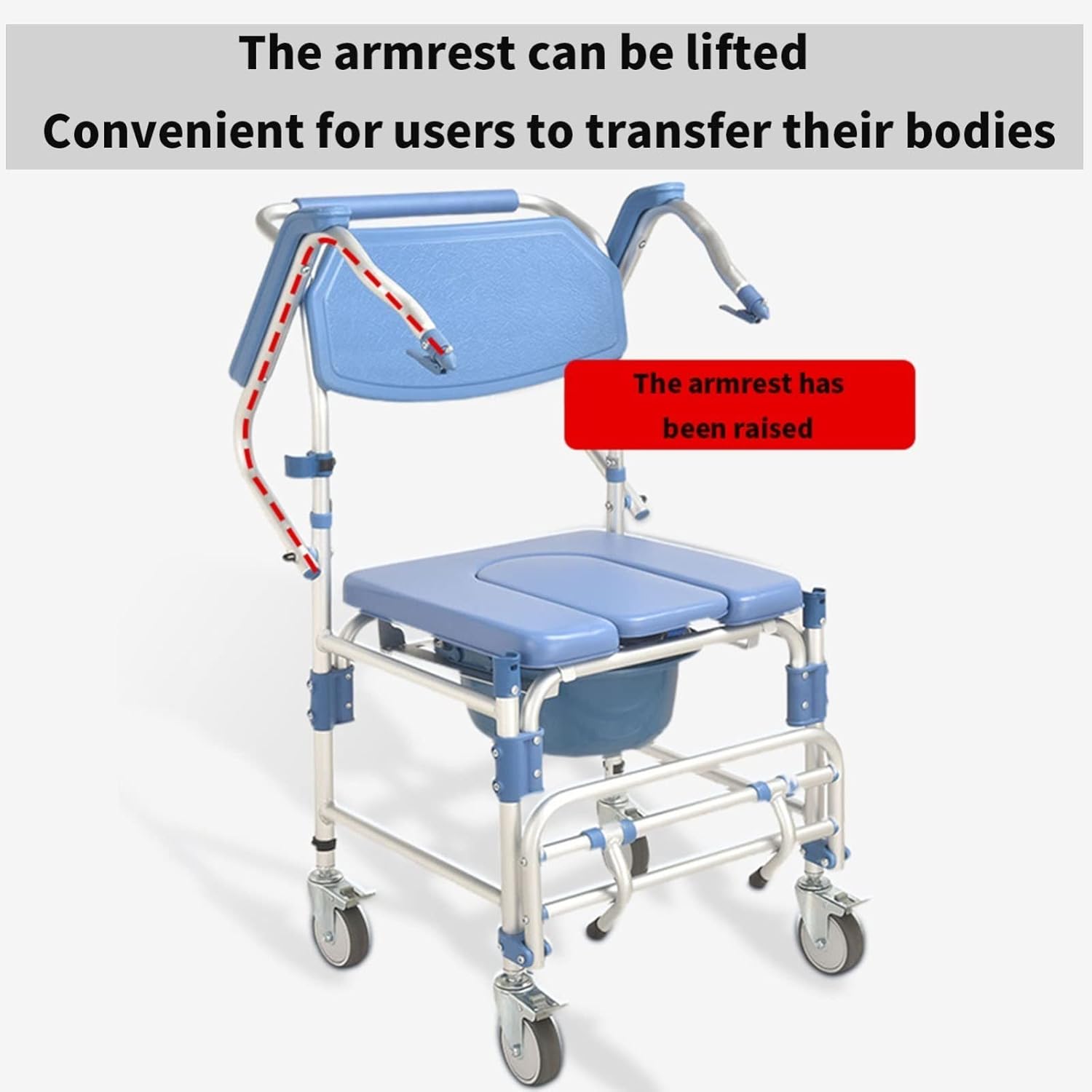 Toilet Chair with Wheeled - Shower Wheelchair - Commode Mobile Chair for Bathroom Toilet - Armrest Can Be Lifted Solid Construction Stable - Easy Assembly for Elderly Disabled Pers