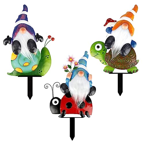 Garden Gnome Stakes for Outdoor 12 Inch Metal Decor Waterproof Art Dwarf Ornaments for Yard, Patio, Lawn 4 Pack