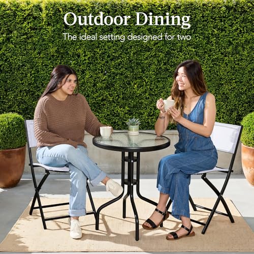 Best Choice Products 3-Piece Patio Bistro Dining Furniture Set w/Glass Tabletop, 2 Folding Chairs, Steel Frame, Polyester Fabric - Gray