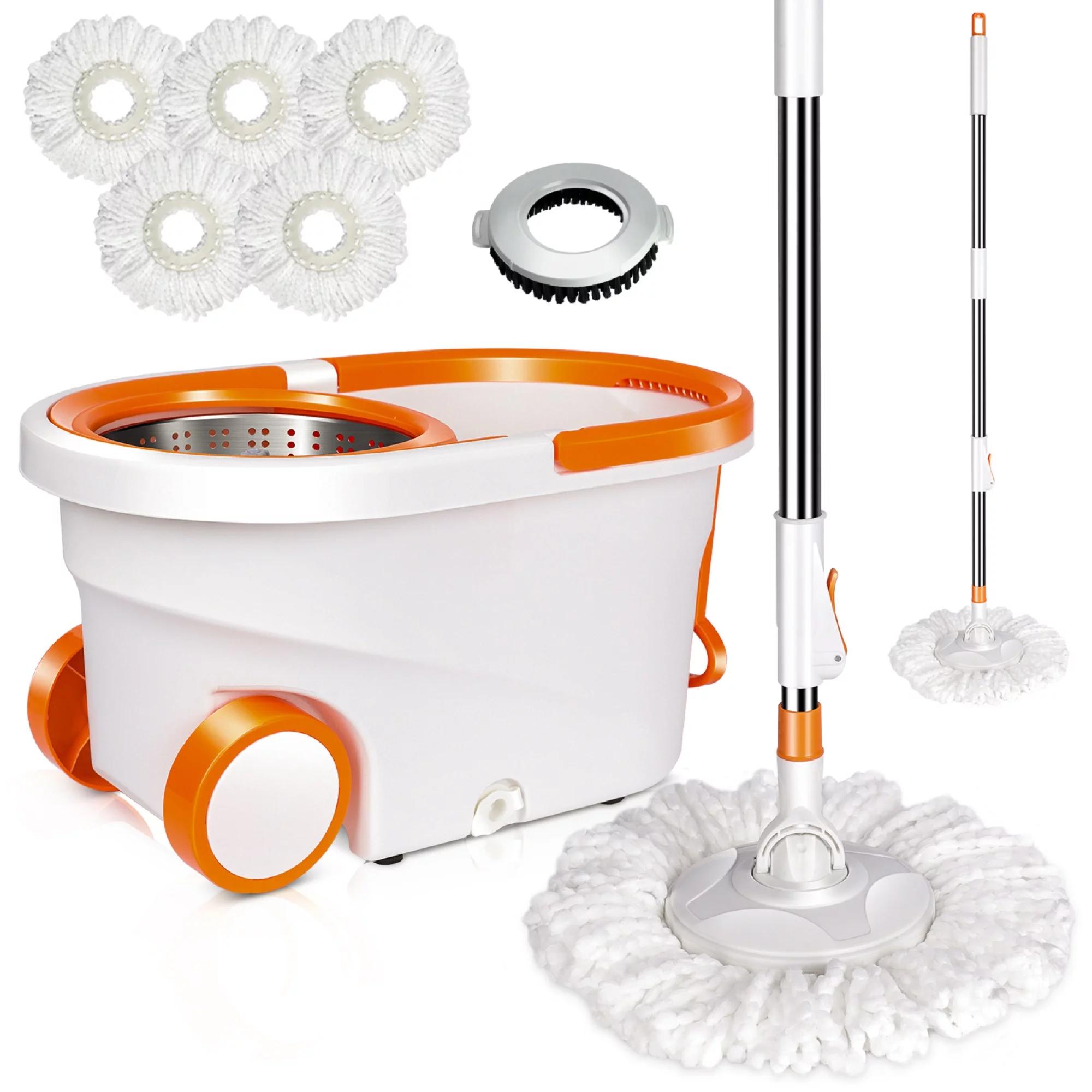 Mastertop Floor Cleaning Spin Mop and Bucket System with Wringer Set, 6 Microfiber Mop Heads