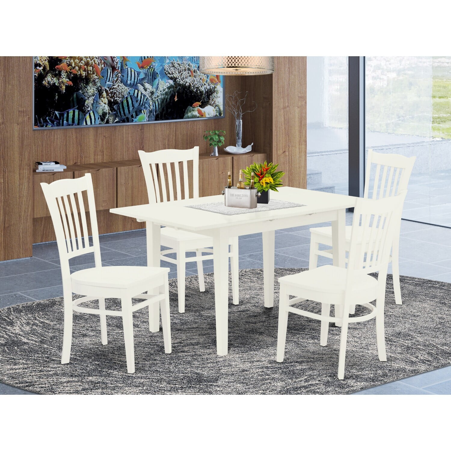 HomeStock Beachy Boho 5-Piece Wood Dinette Set 4 Modern Dining Chairs With Slatted Back And Wooden Seat And Butterfly Leaf Dining Table With Rectangular Top And 4 Legs- Linen White Finish