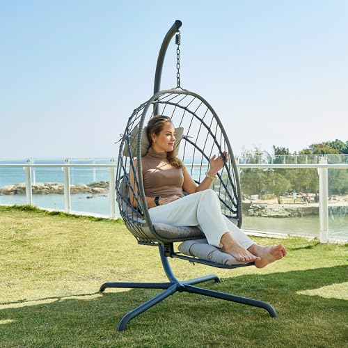 Hanging Egg Chair with Stand and Leg Rest – Rattan Wicker Swing Hammock Chair, UV-Resistant Cushion, Heavy-Duty Frame for Indoor & Outdoor Patio, Bedroom, Balcony, Garden – 330 lbs Capacity.