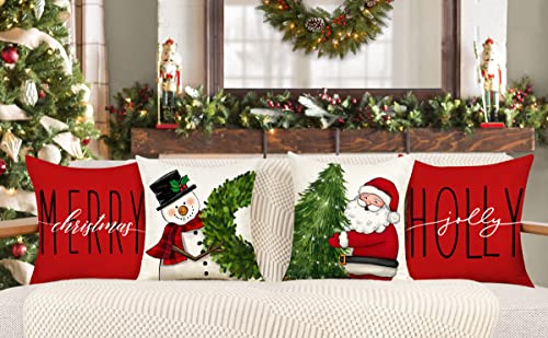 Red Christmas Pillow Covers 18x18 Set of 4 - Farmhouse Decorations With Snowman, Wreath, Santa Claus, Tree - Merry Christmas Holly Jolly Winter Holiday Decor Throw Cushion Case for Home Couch S22C17