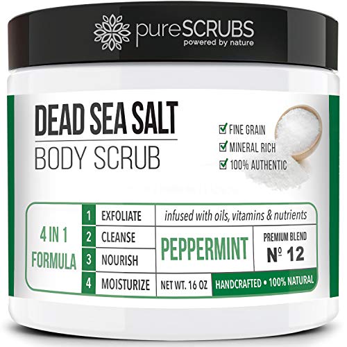 pureSCRUBS Premium Eucalyptus Body Scrub Set - Large 16oz Dead Sea Salt Body Scrub With Infused Essential Oils & Nutrients, Includes Wooden Spoon, Loofah & Oatmeal Exfoliating Bar Soap