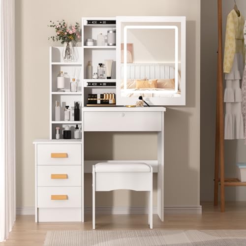 Vanity Desk with Sliding Mirror and Lights,Makeup Vanity with 4 Drawers and Shelves,Vanity Table with Power Outlet,Makeup Desk with Led Light Mirror Hidden Storage Space for Bedroom (White)